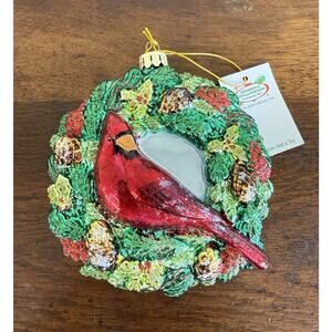 New with tags Bronner's Christmas Wreath and Cardinal Glass Christmas Ornament